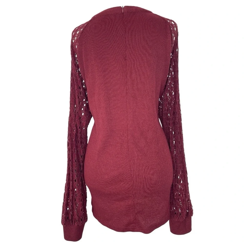 Burgundy Knit Sweater Tunic Lace Long Sleeves Back Zipper Closure Casual XXL
